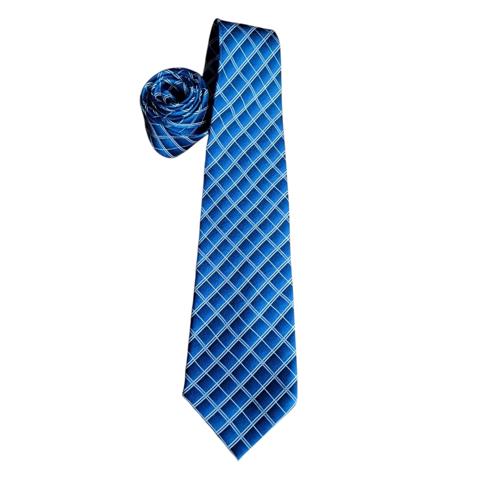 PIERRE‎ CARDIN Multiple Blue Diaganol Striped Checkered 100% Silk Tie 59"